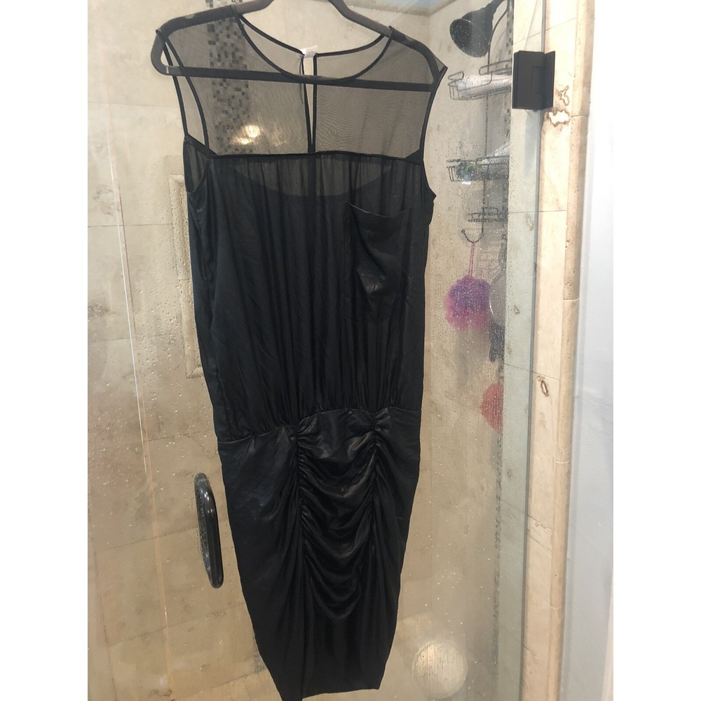 BCBG Max Azria Black Cocktail Dress 6 Shimmer Mesh Vegan Leather Ruched Midi